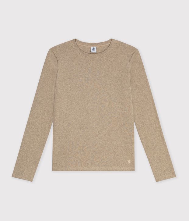 Tee-shirt femme en coton manches longue uni beige