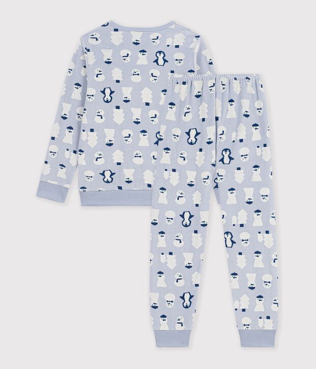 Pyjama enfant en velours imprim&eacute; bonhommes de neige bleu/multicouleur