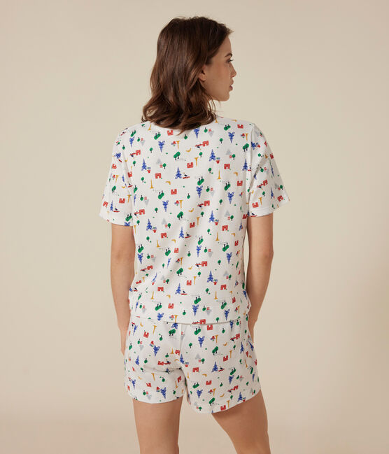 Pyjama short et tee-shirt en coton motif Paris femme blanc MARSHMALLOW/bleu MEDIEVAL/ MULTICO