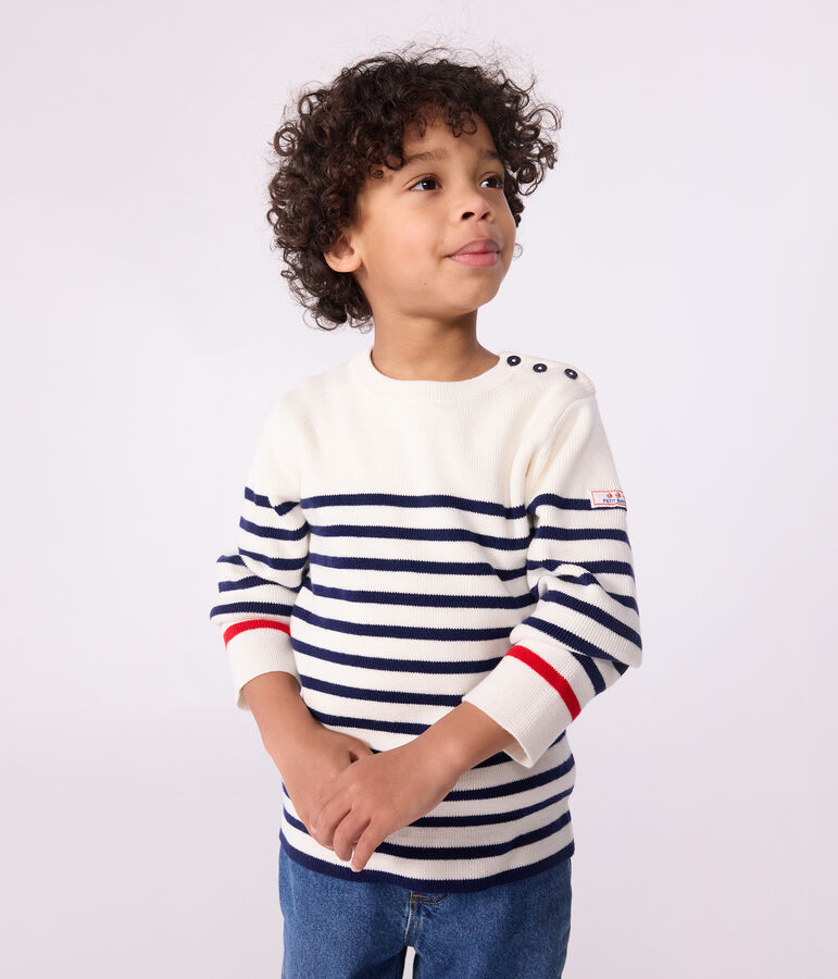 Pull enfant en laine et coton &agrave; rayures bleu MARSHMALLOW/ SOIR