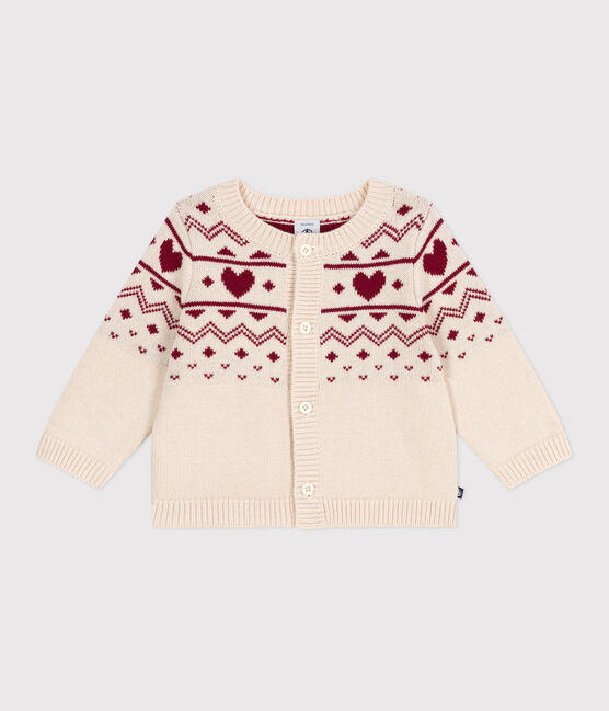 Cardigan bébé en tricot laine et coton, motifs cœurs écru AVALANCHE/ AMARANTE