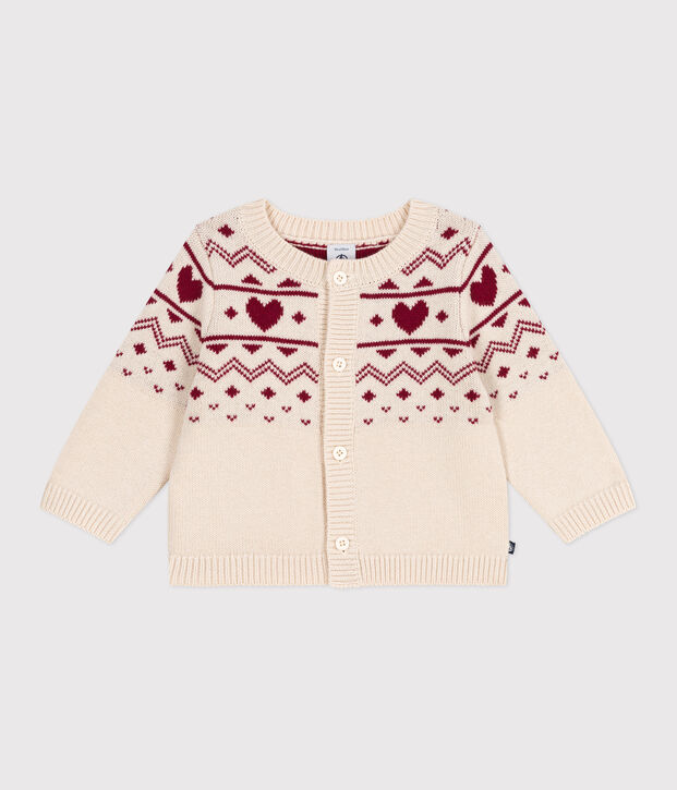 Cardigan b&eacute;b&eacute; en tricot laine et coton, motifs c&oelig;urs &eacute;cru/rouge