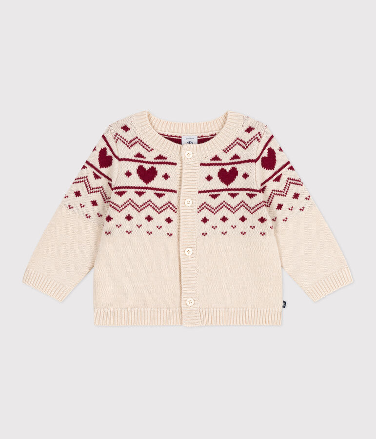 Cardigan b&eacute;b&eacute; en tricot laine et coton, motifs c&oelig;urs &eacute;cru/rouge