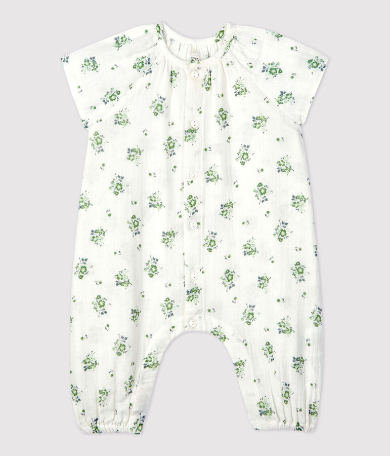 Combinaison longue imprim&eacute; fleuri en gaze de coton bio b&eacute;b&eacute; blanc MARSHMALLOW/blanc MULTICO