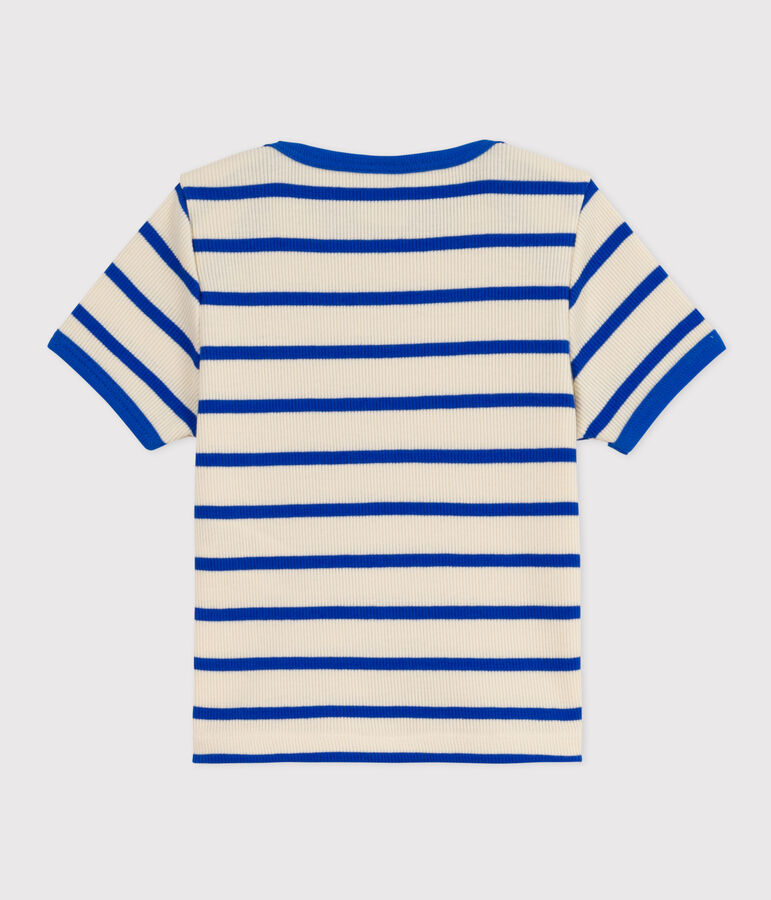 Tee-shirt manches courtes b&eacute;b&eacute; en maille c&ocirc;tel&eacute;e ray&eacute;e bleu AVALANCHE/blanc PERSE