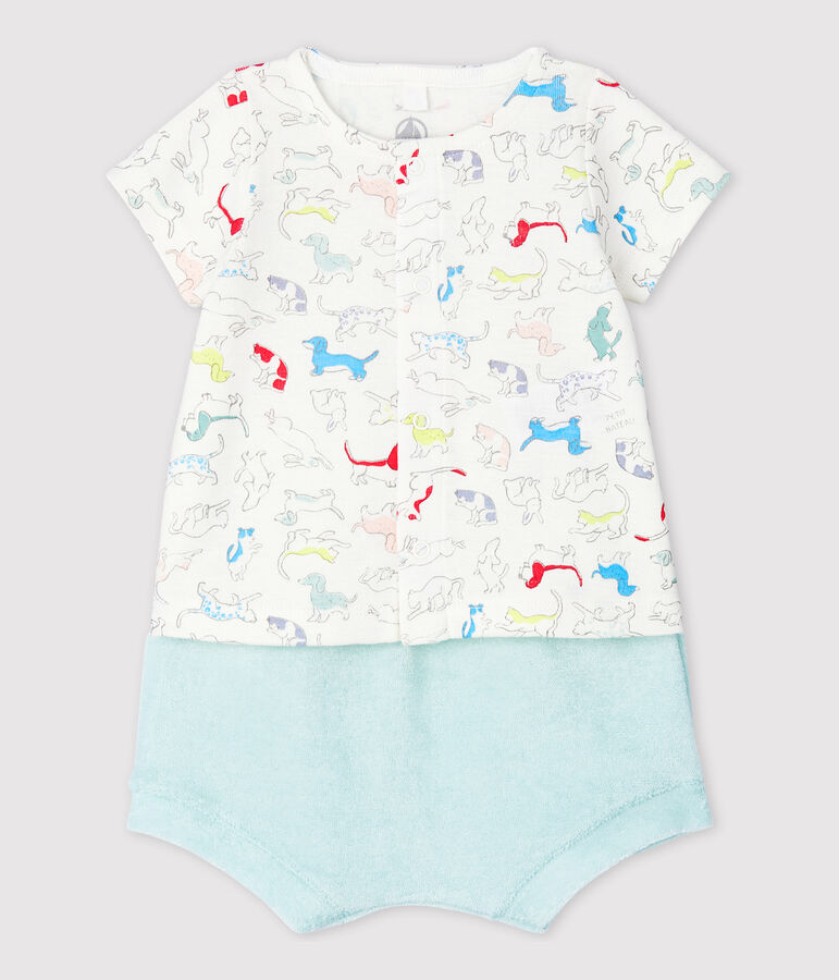 Ensemble 2 pi&egrave;ces chiots color&eacute;s b&eacute;b&eacute; en bouclette &eacute;ponge et en coton biologique blanc MARSHMALLOW/blanc MULTICO