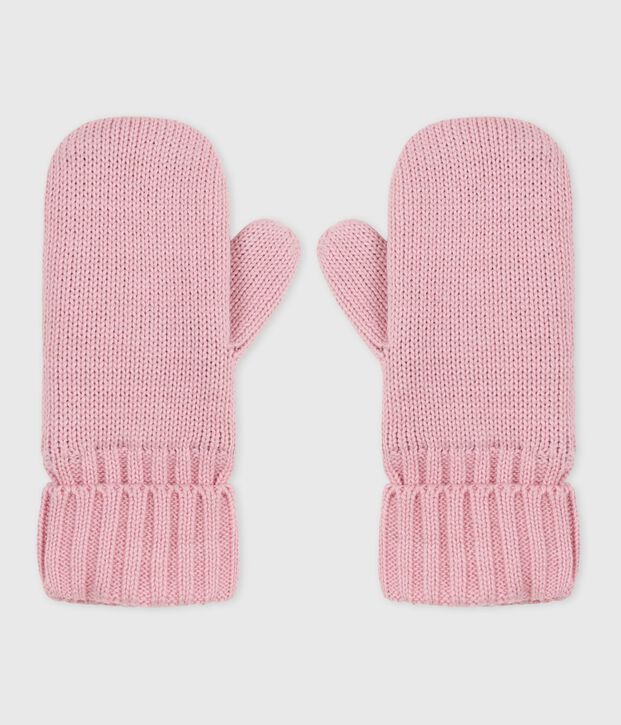 Moufles enfant en tricot doubl&eacute; en polaire rose