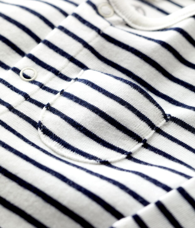 Combinaison longue ray&eacute;e marini&egrave;re en coton bio b&eacute;b&eacute; blanc/bleu