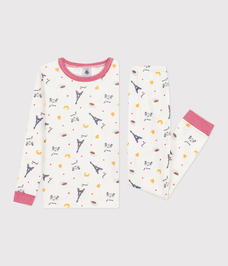 Pyjama enfant en coton tr&egrave;s ajust&eacute; imprim&eacute; blanc MARSHMALLOW/blanc MULTICO