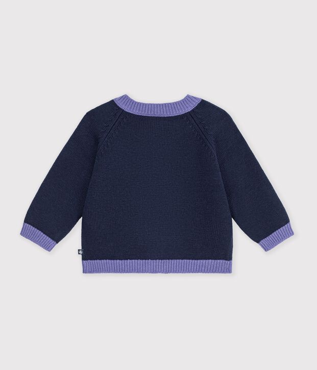 Cardigan b&eacute;b&eacute; en tricot laine et coton et motifs jacquards c&oelig;urs bleu/multicouleur