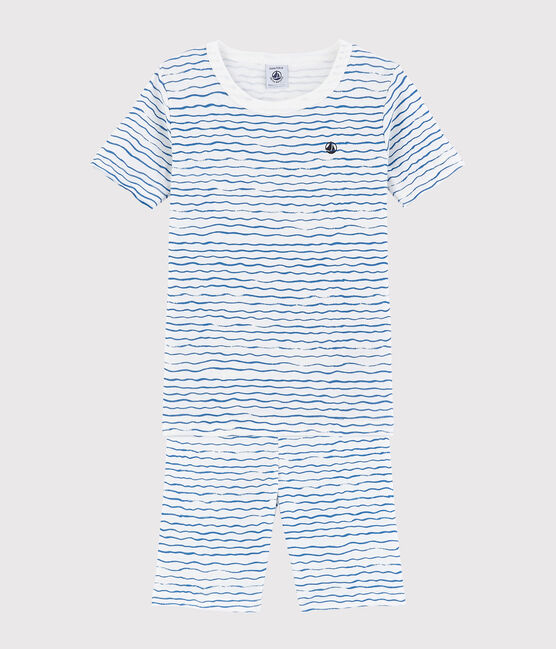Pyjacourt snugfit imprimé vagues petit garçon en coton blanc MARSHMALLOW/bleu COOL