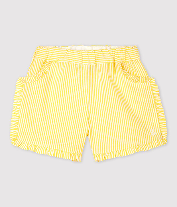 Short ray&eacute; en seersucker b&eacute;b&eacute; fille jaune/blanc