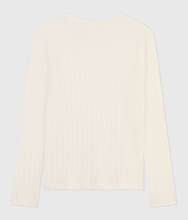 Tee-shirt femme l'iconique en coton ajour&eacute; manches longues blanc cass&eacute;