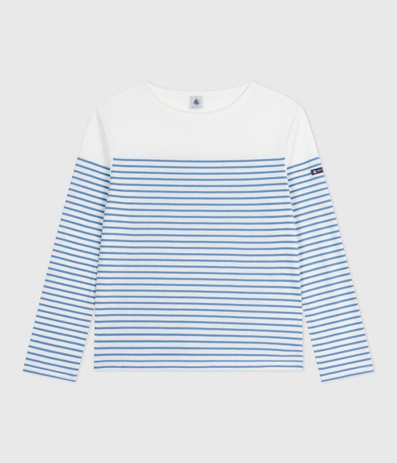 Teeshirt marinière femme en coton manches longues blanc MARSHMALLOW/bleu ALASKA