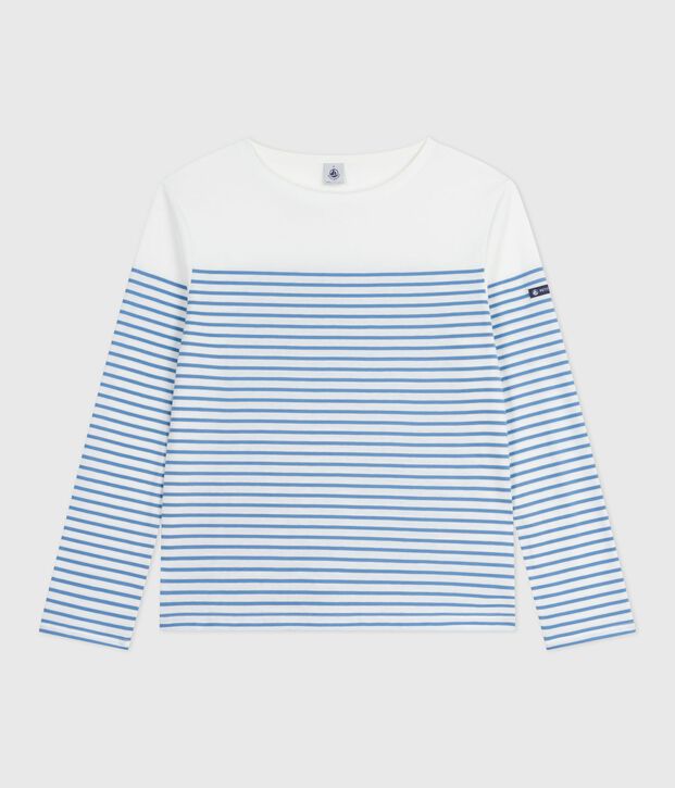 Teeshirt marini&egrave;re femme en coton manches longues blanc/bleu