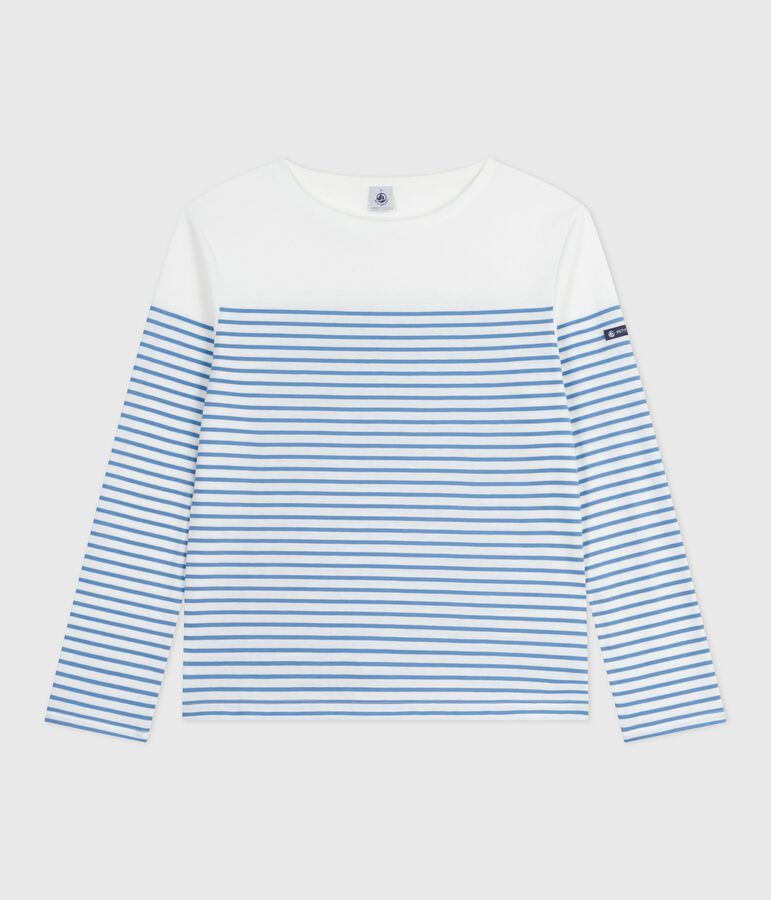 Teeshirt marini&egrave;re femme en coton manches longues blanc MARSHMALLOW/bleu ALASKA