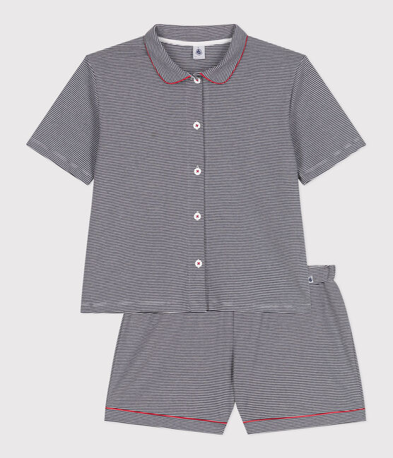 Pyjama short femme en coton boutonné à rayures bleu SMOKING/blanc MARSHMALLOW