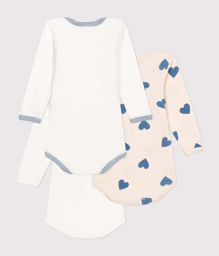 Lot de 3 bodies manches longues c&oelig;urs bleu en coton b&eacute;b&eacute; variante 1