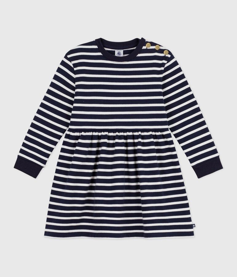 Robe enfant manches longues en coton bleu SMOKING/blanc MARSHMALLOW
