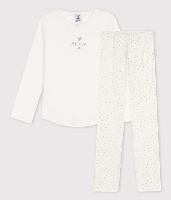 Pyjama petits coeurs petite fille en coton blanc MARSHMALLOW/ HERBIER