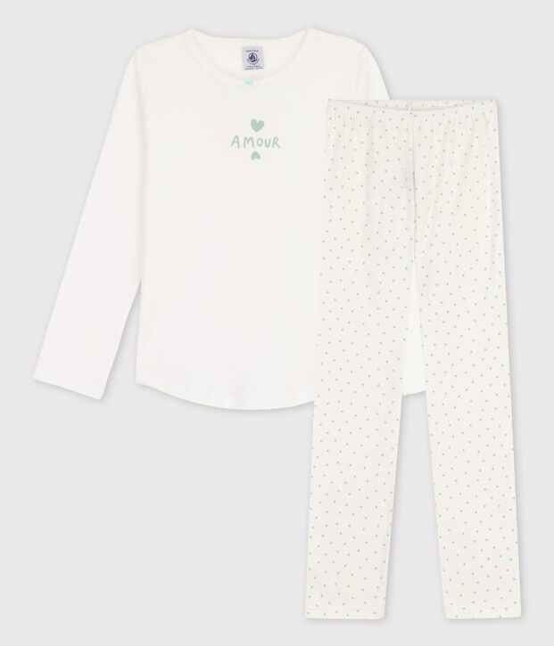 Pyjama petits coeurs petite fille en coton blanc/vert