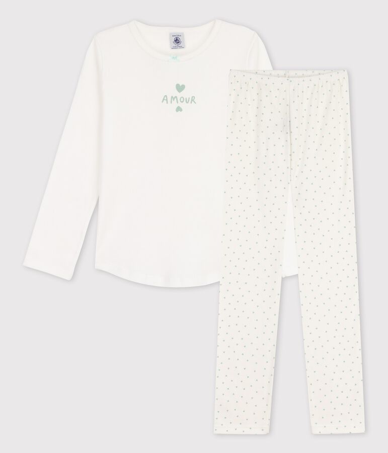 Pyjama petits coeurs petite fille en coton blanc/vert