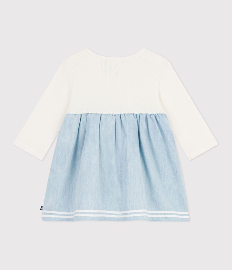 Robe b&eacute;b&eacute; bi-mati&egrave;re manches longues, en coton et chambray &eacute;cru/multicouleur