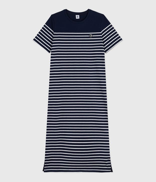 Robe longue femme en coton &agrave; rayures bleu/blanc