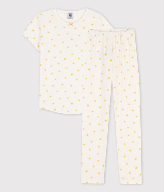 Pyjama manches courtes soleils petite fille en coton biologique blanc MARSHMALLOW/ ORGE