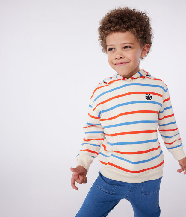 Sweatshirt &agrave; capuche enfant mixte en coton &agrave; rayures &eacute;cru/multicouleur