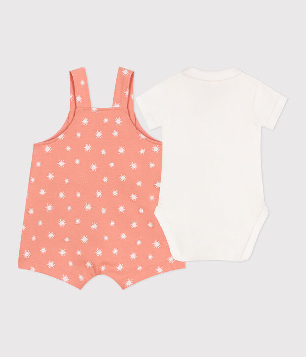 Ensemble naissance salopette en coton imprim&eacute; soleils et body orange/blanc