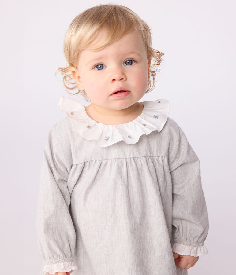 Robe b&eacute;b&eacute; en flanelle manches longues unie &agrave; col gris FUMEE CHINE