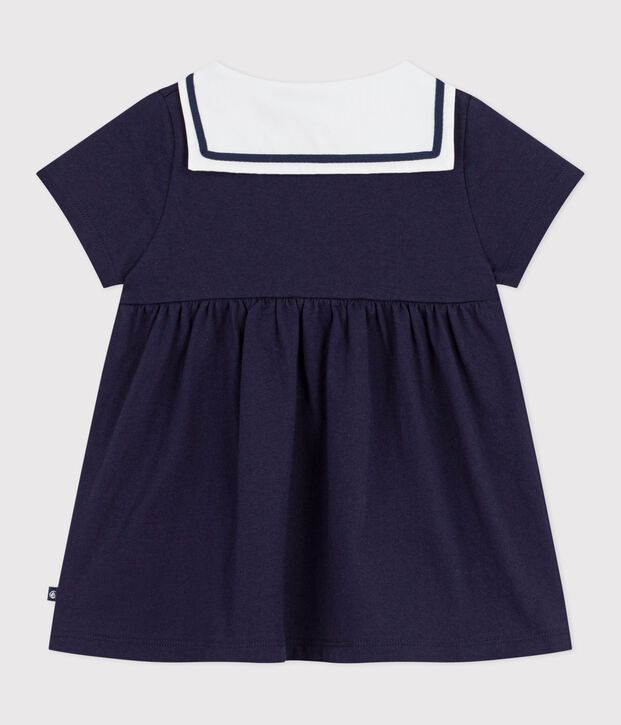 Robe b&eacute;b&eacute; en coton manches courtes, unie avec son col marin bleu marine