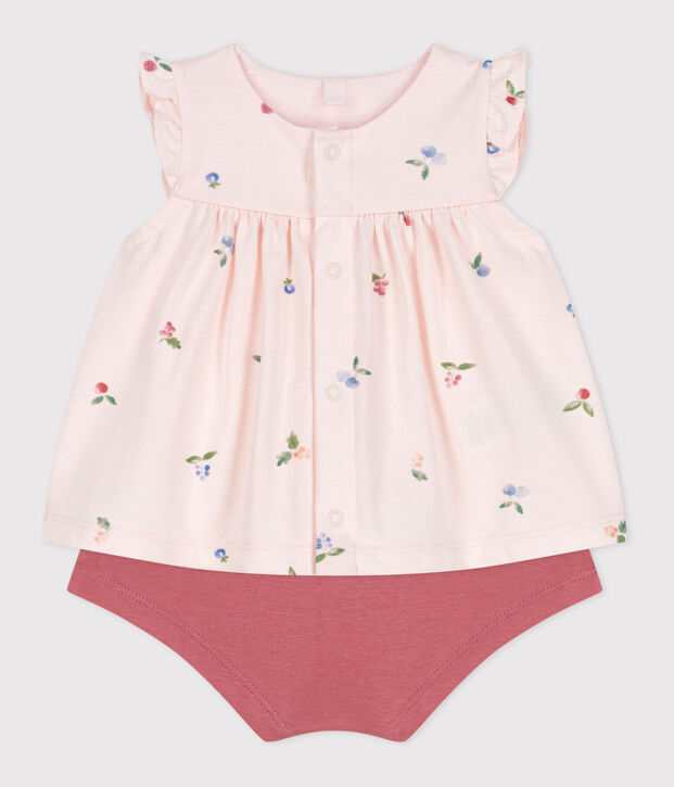 Ensemble naissance deux pi&egrave;ces en coton avec blouse volant&eacute; rose/multicouleur