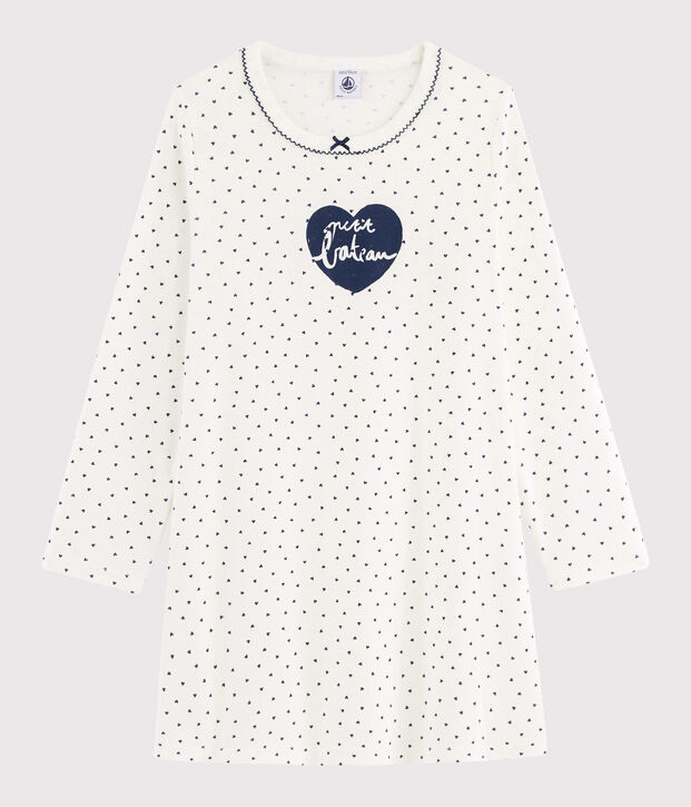 Chemise de nuit mini c&oelig;urs petite fille en c&ocirc;te blanc/bleu