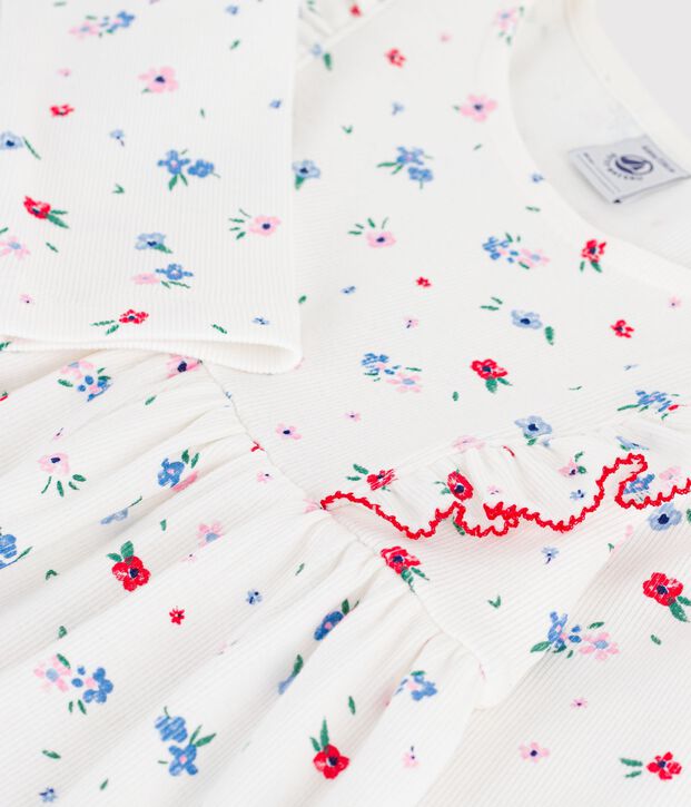 Robe enfant manches longue en coton imprim&eacute;e fleurs blanc/multicouleur