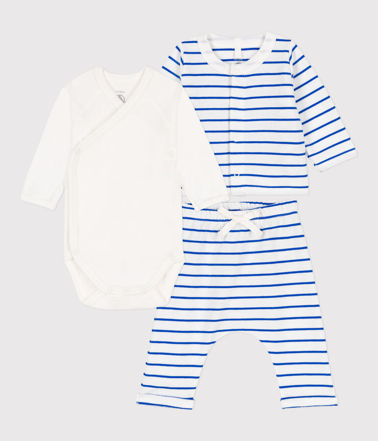 Ensemble ray&eacute; en molleton b&eacute;b&eacute; blanc/bleu