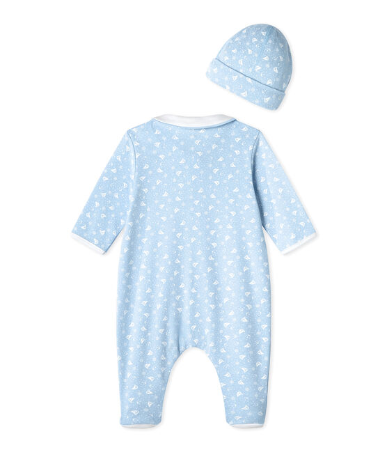 Dors bien bébé et son bonnet de naissance bleu TOUDOU/blanc ECUME