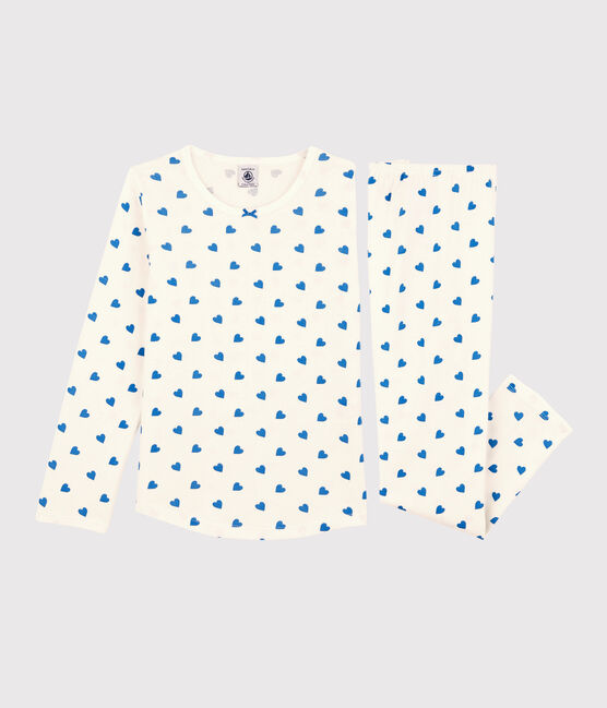 Pyjama cœurs bleus petite fille en coton blanc MARSHMALLOW/bleu BRASIER