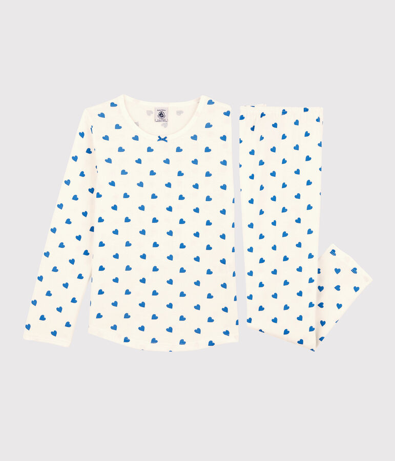 Pyjama c&oelig;urs bleus petite fille en coton blanc MARSHMALLOW/bleu BRASIER