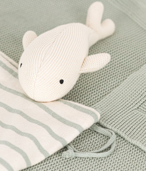 Couverture et doudou en tricot pour b&eacute;b&eacute; vert/blanc