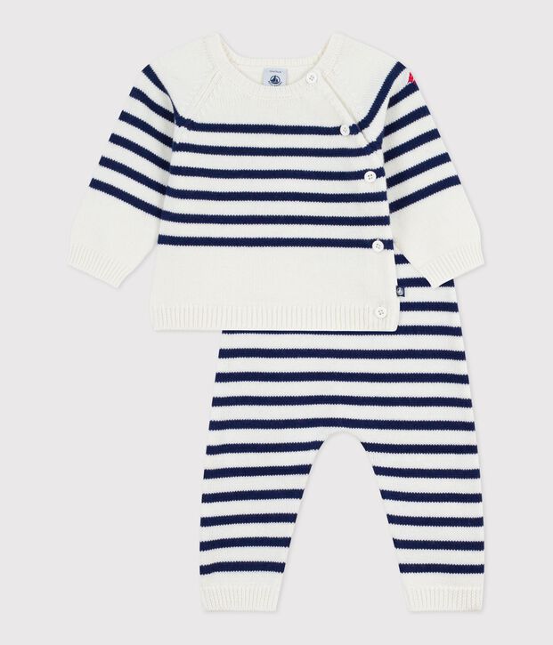 Ensemble 2 pi&egrave;ces b&eacute;b&eacute; rayure marini&egrave;re en tricot bleu/bleu