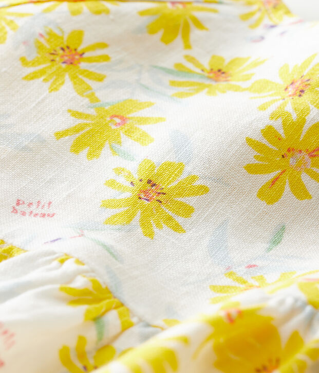 Robe manches courtes b&eacute;b&eacute; fille en lin blanc/multicouleur