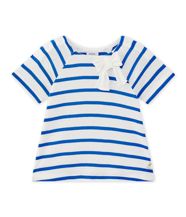 T-shirt b&eacute;b&eacute; fille manches longues ray&eacute; blanc/bleu