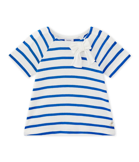 T-shirt bébé fille manches longues rayé blanc MARSHMALLOW/bleu PERSE
