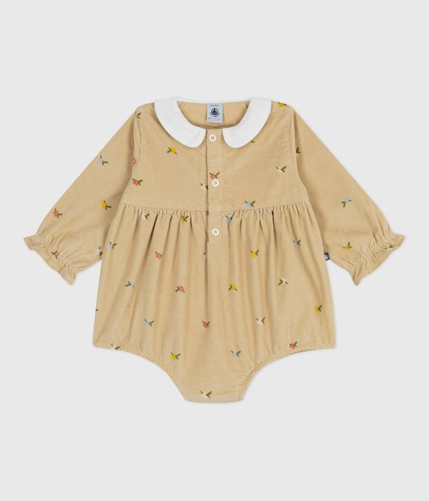 Combinaison courte b&eacute;b&eacute; en velours imprim&eacute; &agrave; fleurs beige/multicouleur