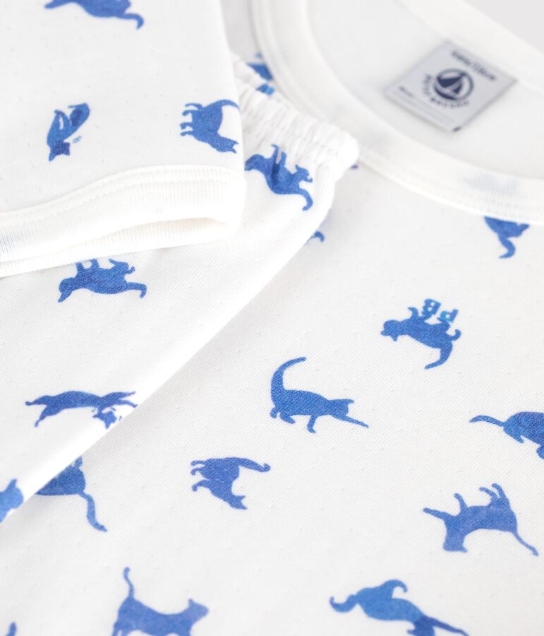 Pyjama enfant en coton imprim&eacute; chats blanc MARSHMALLOW/blanc MULTICO