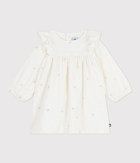 Robe bébé en velours côtelé manches longues brodée écru MILK/ ARGENT