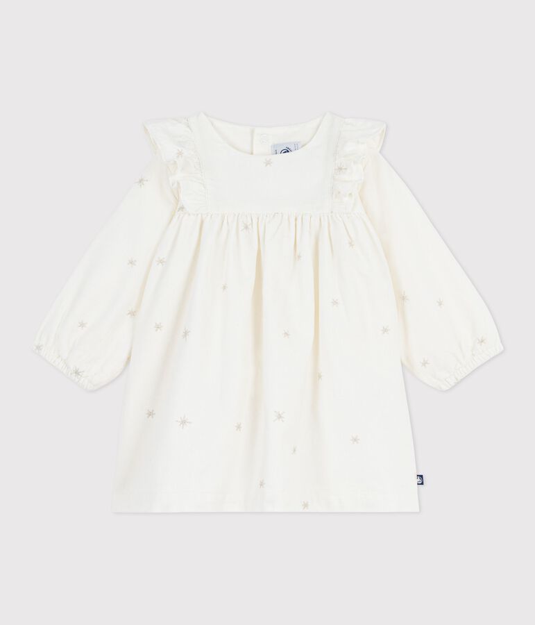 Robe b&eacute;b&eacute; en velours c&ocirc;tel&eacute; manches longues brod&eacute;e &eacute;cru MILK/ ARGENT