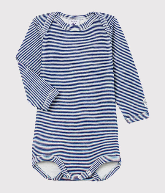 Body manches longues bébé en laine et coton bleu MEDIEVAL/blanc MARSHMALLOW